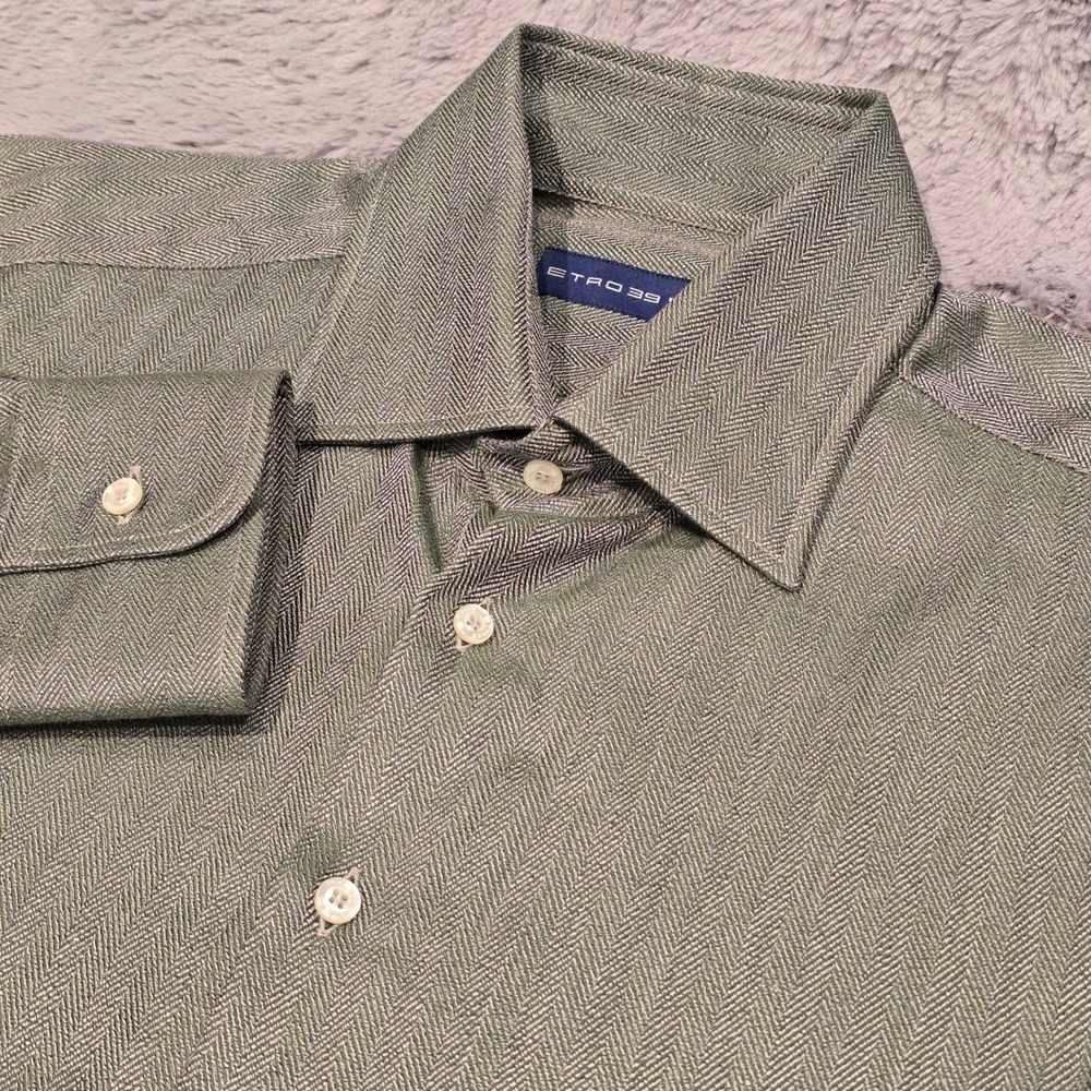 Etro Milano Mens Sage Green Herringbone Button Down Dress Shirt Size 39 Italy